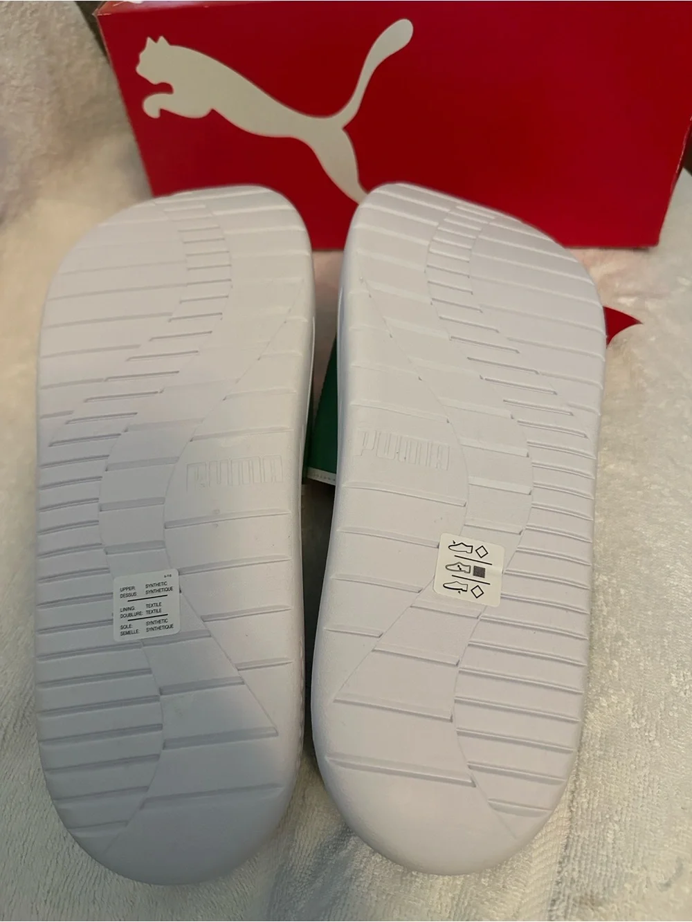 Puma Green White Slide Sandals with Red Logo Accent